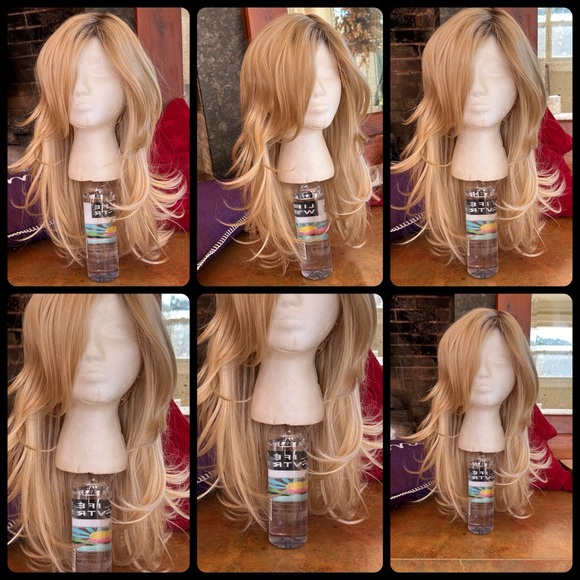 Wig Blonde Brown Roots Shoulder Length Long Shaggy Flaxen Free Part Side Part - Picture 8 of 16